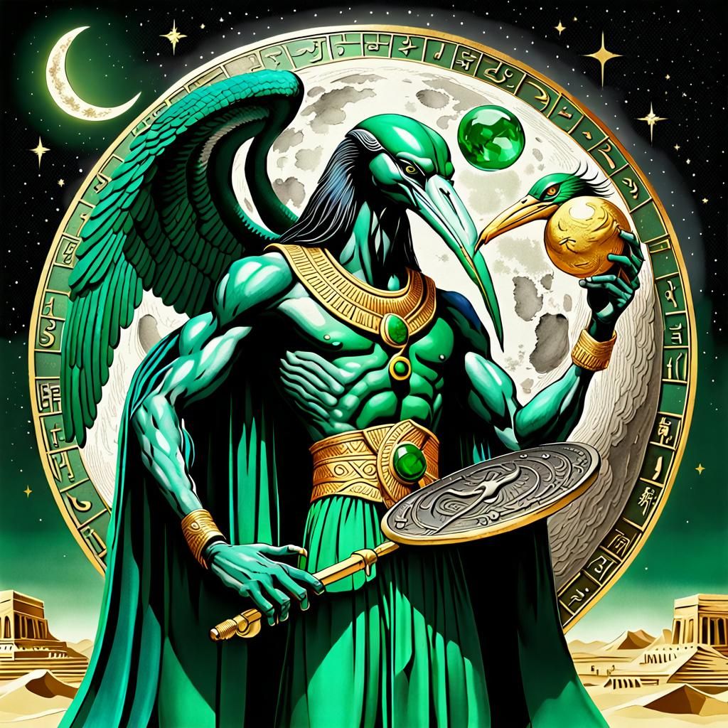 Thoth on Crescent Moon Overlooking Earth
