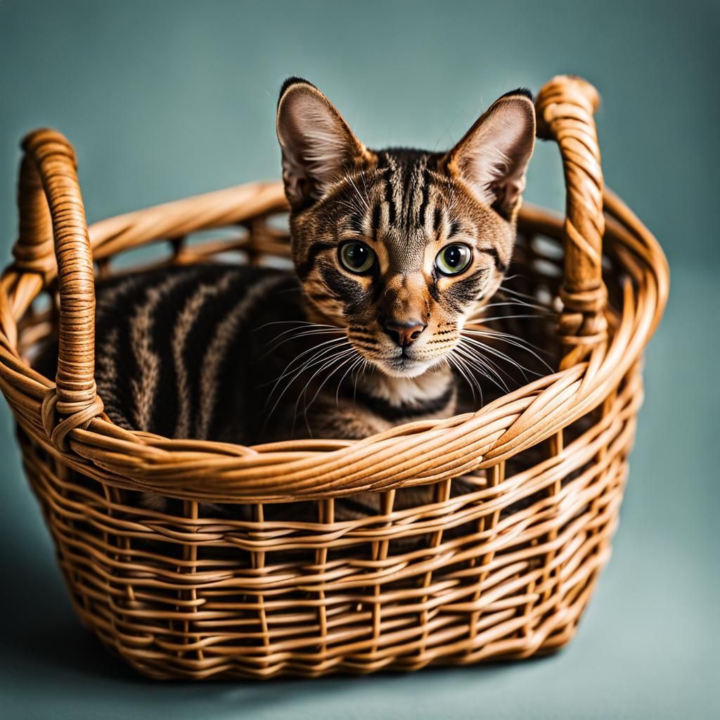 Tabby Cat Portrait in Basket, Fine Art Style