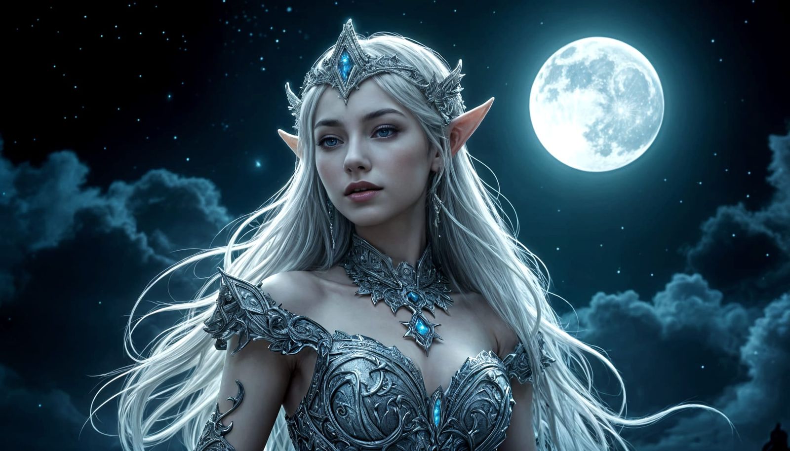 Lunar Elven Goddess in Silver Splendor