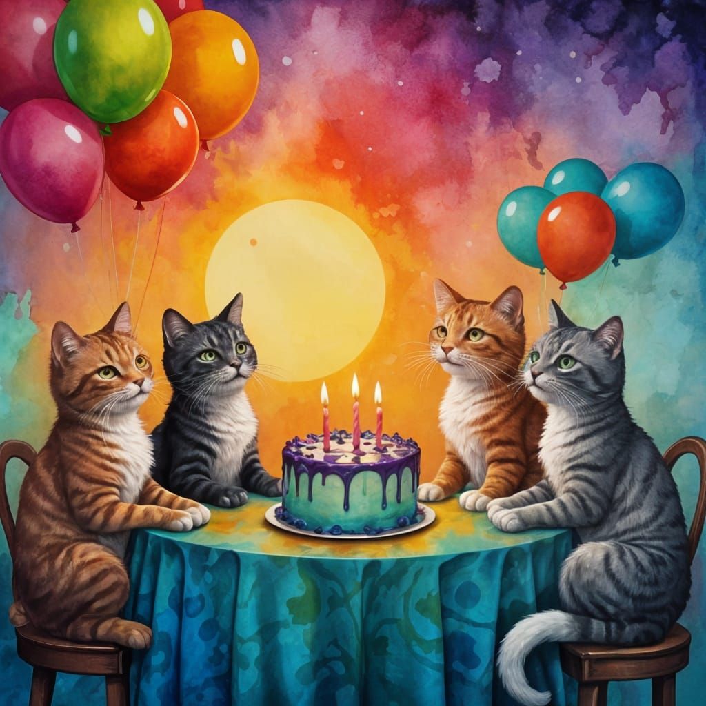 Joyful Feline Celebration in Vibrant Colors