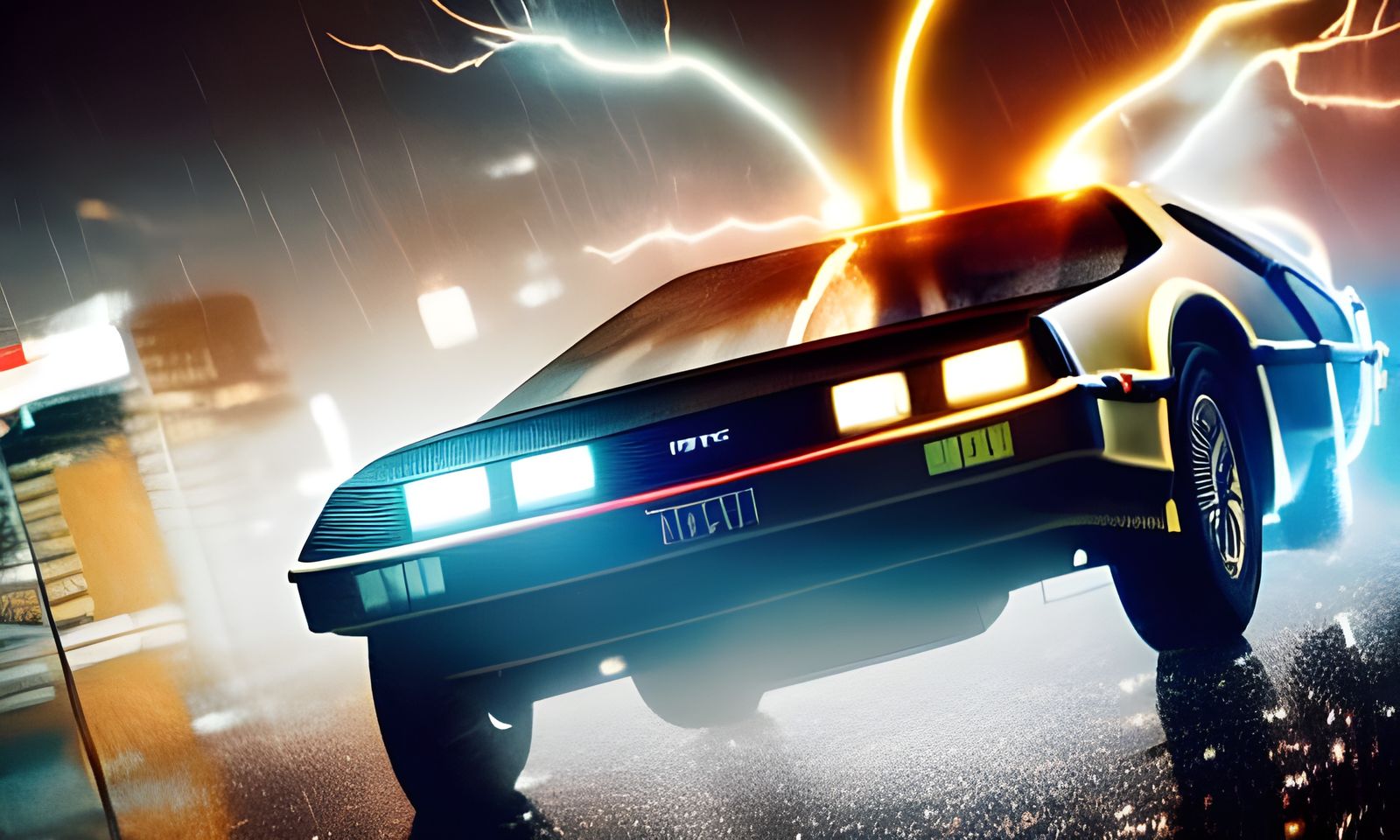 DeLorean Speeds Through Cyberpunk City at Night
