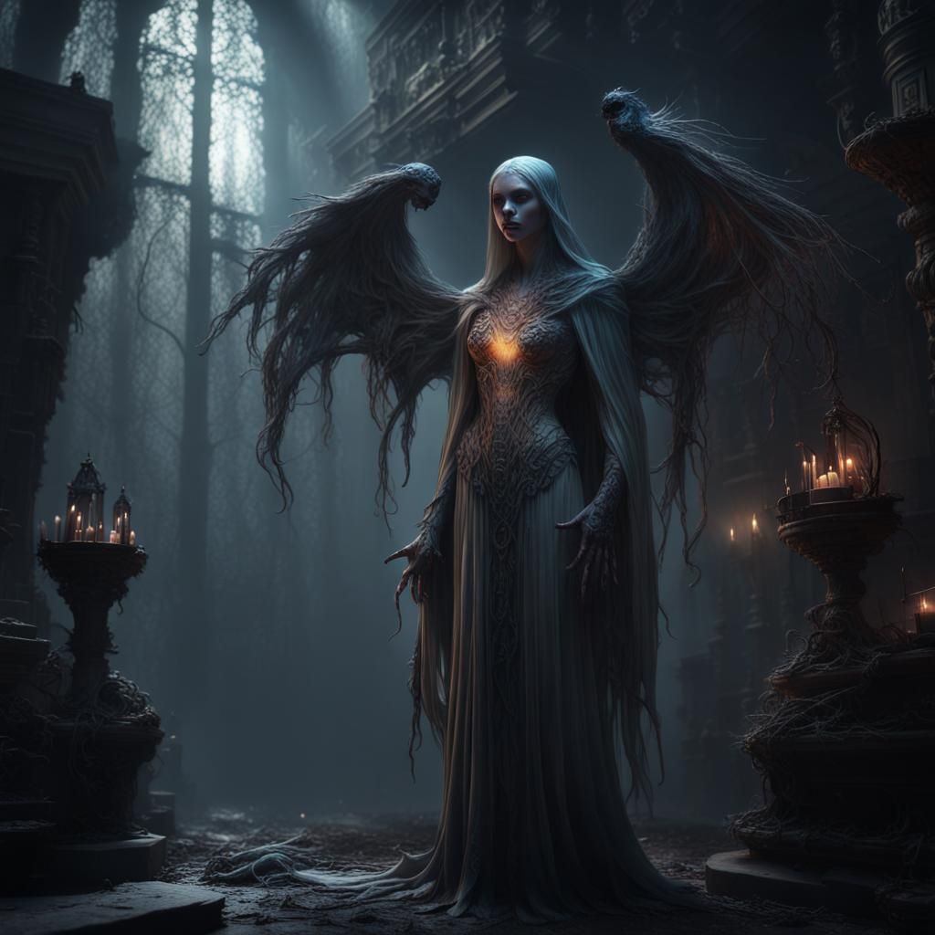 Dark Fantasy Spectral Entities in Chiaroscuro Lighting
