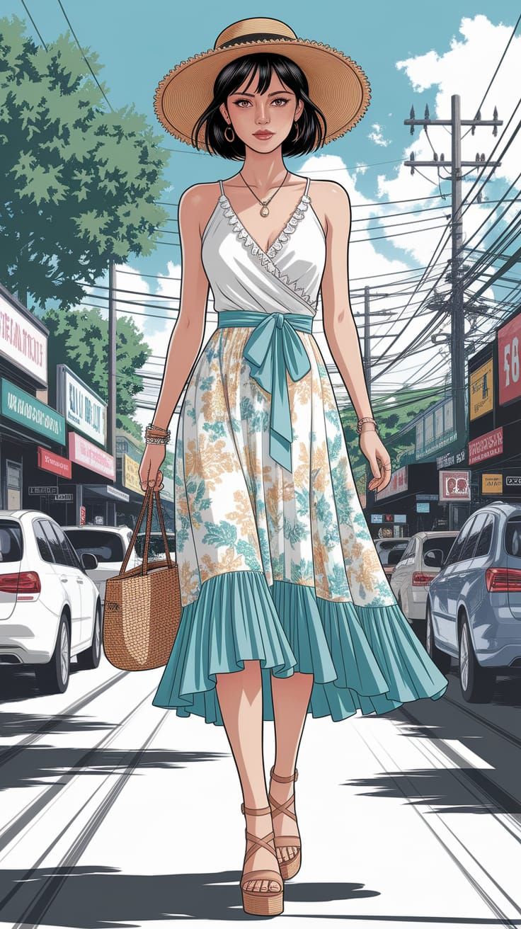 Thailandese Woman in Bohemian Dress Fashion Sketch