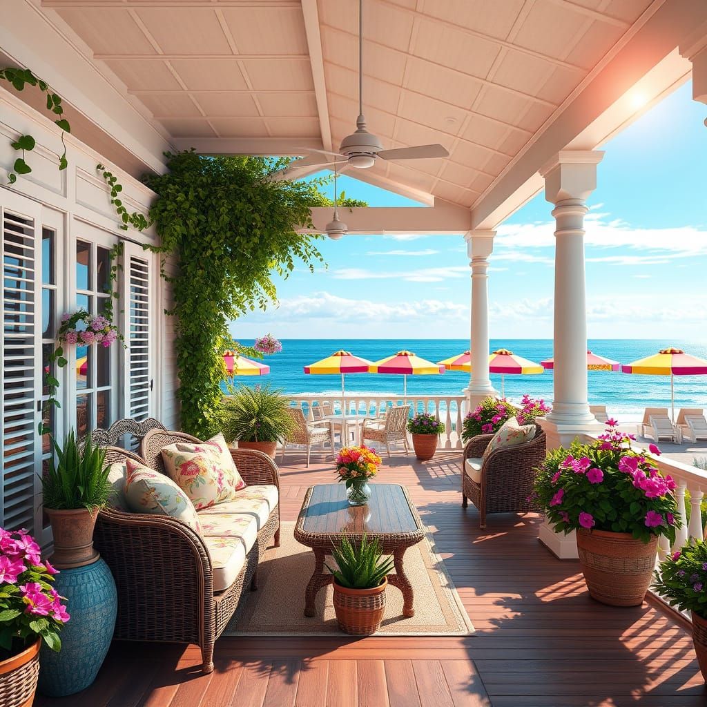 Sun-Drenched Veranda Overlooking a Serene Beach in 3D
