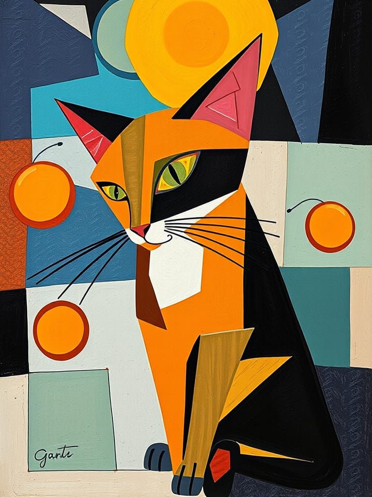 Style of Picasso, a ginger cat with oranges