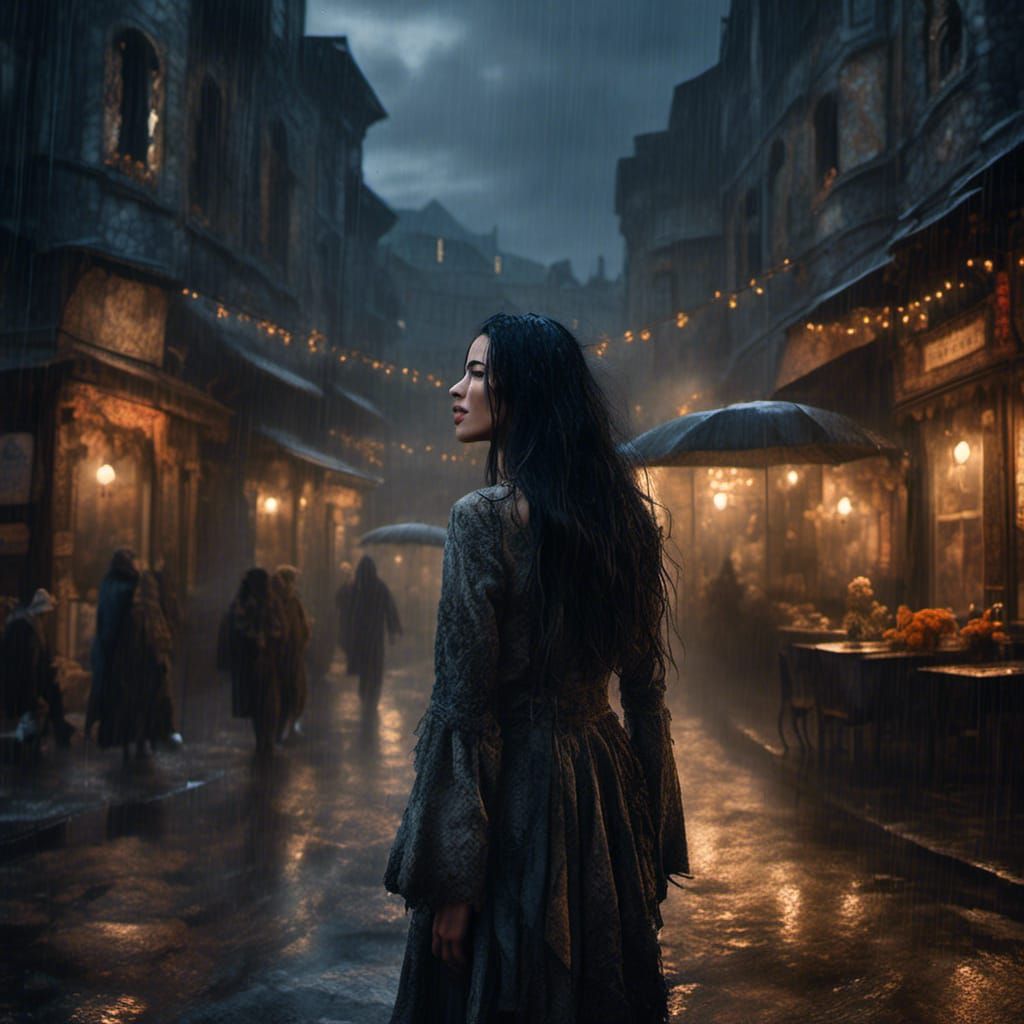 Hyperrealistic Woman Laughing in Rainy Moonlight