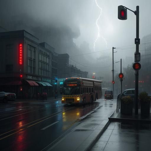 Crowded Bus During Storm, Digital Matte Painting