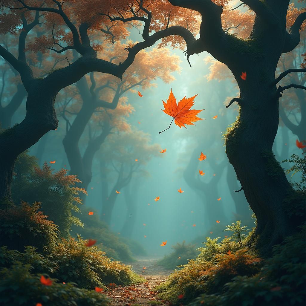 Ethereal Leaves Fall in Dreamlike Landscape
