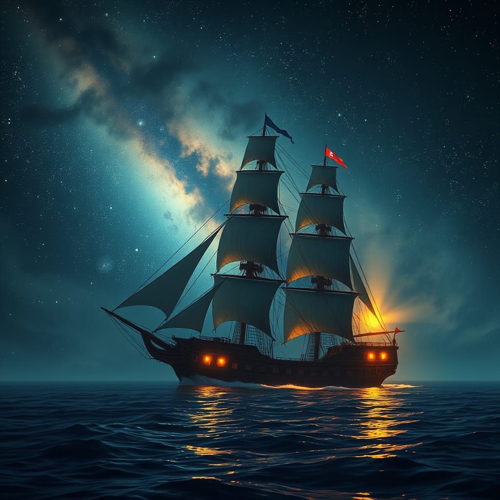Galleon Sails Under Cosmic Night Sky