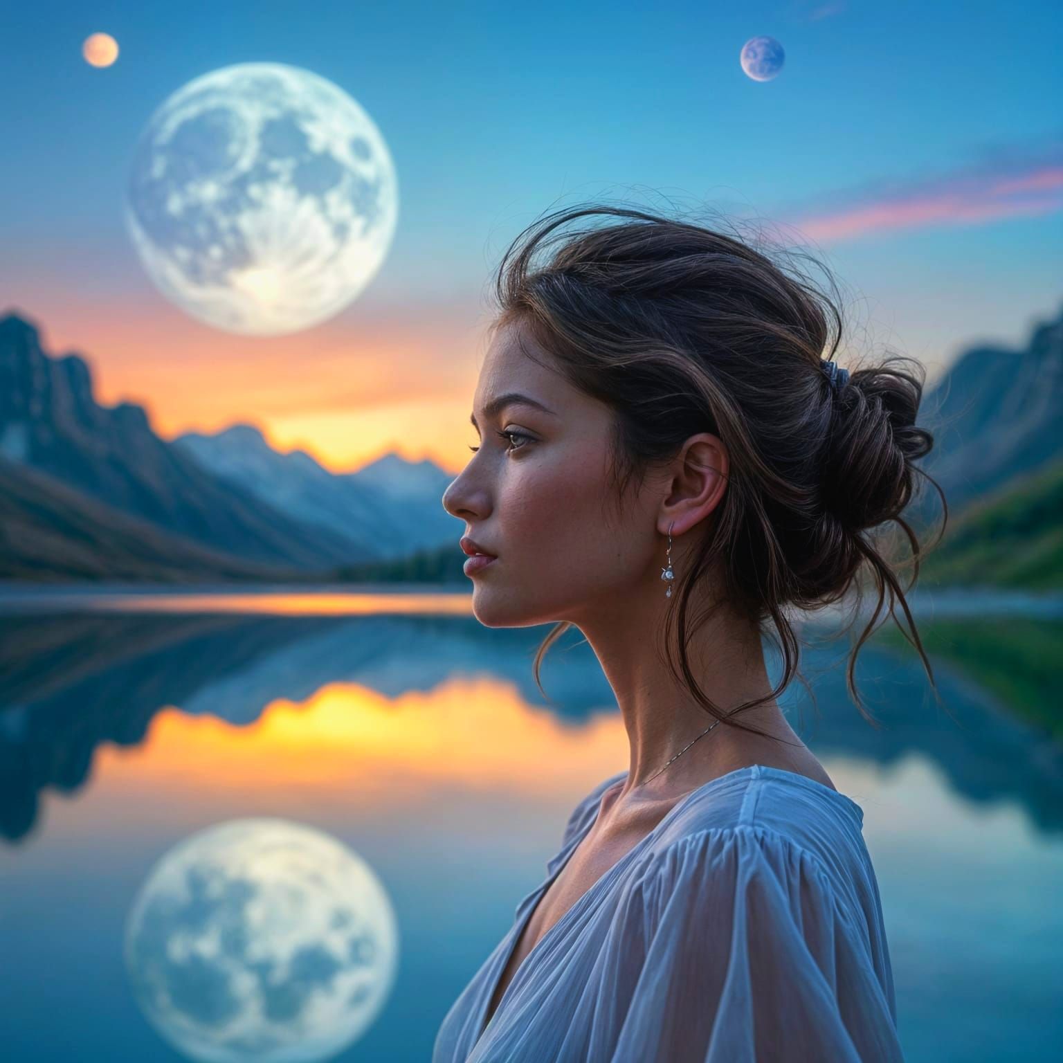 Woman's Portrait with Alien Planet Double Exposure