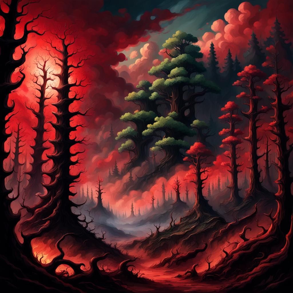 Menacing Forest with Faces in Dark Fantasy Style