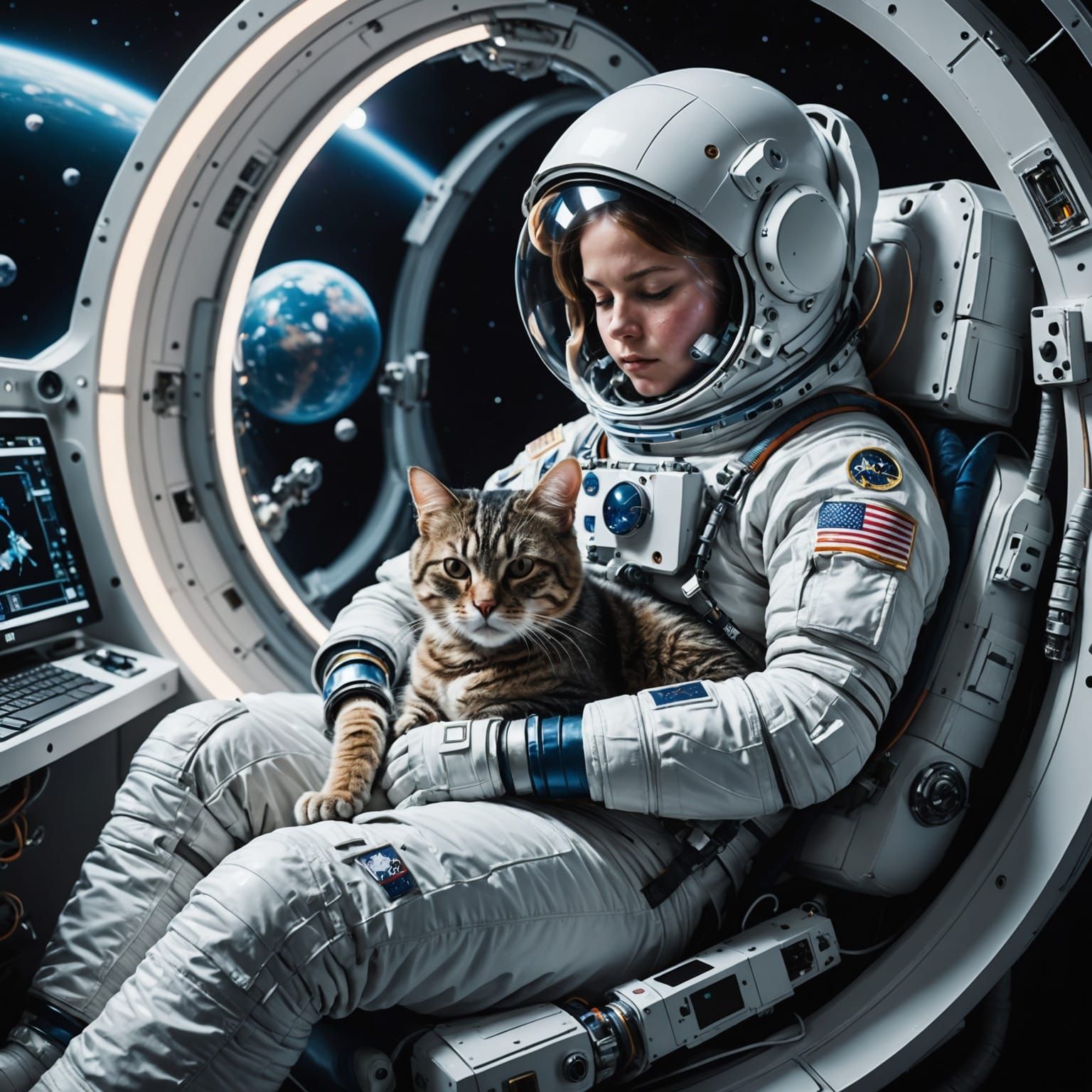 Astronaut and Space Cat in Futuristic Slumber