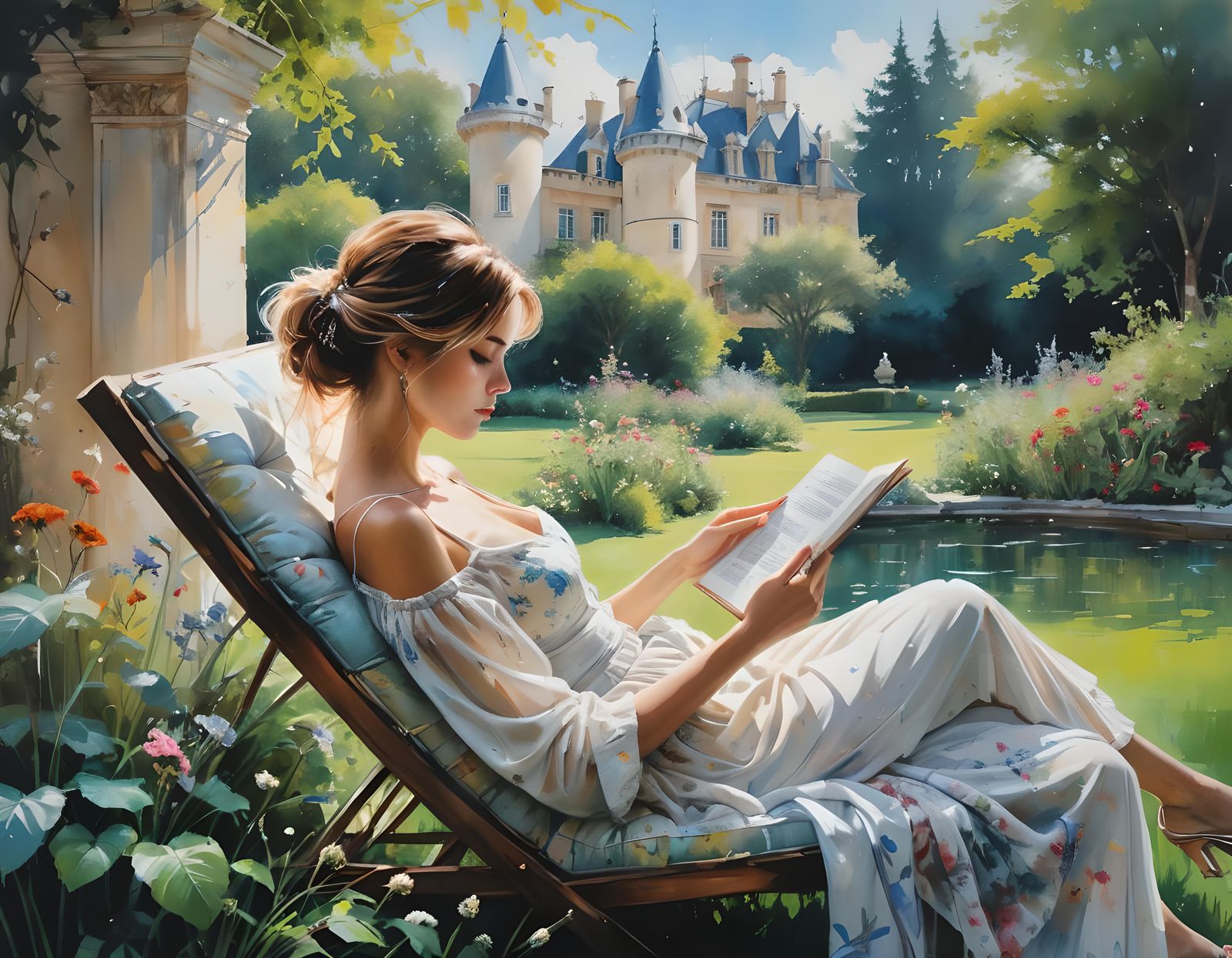 Woman Reading in French Garden: Acrylic Painting