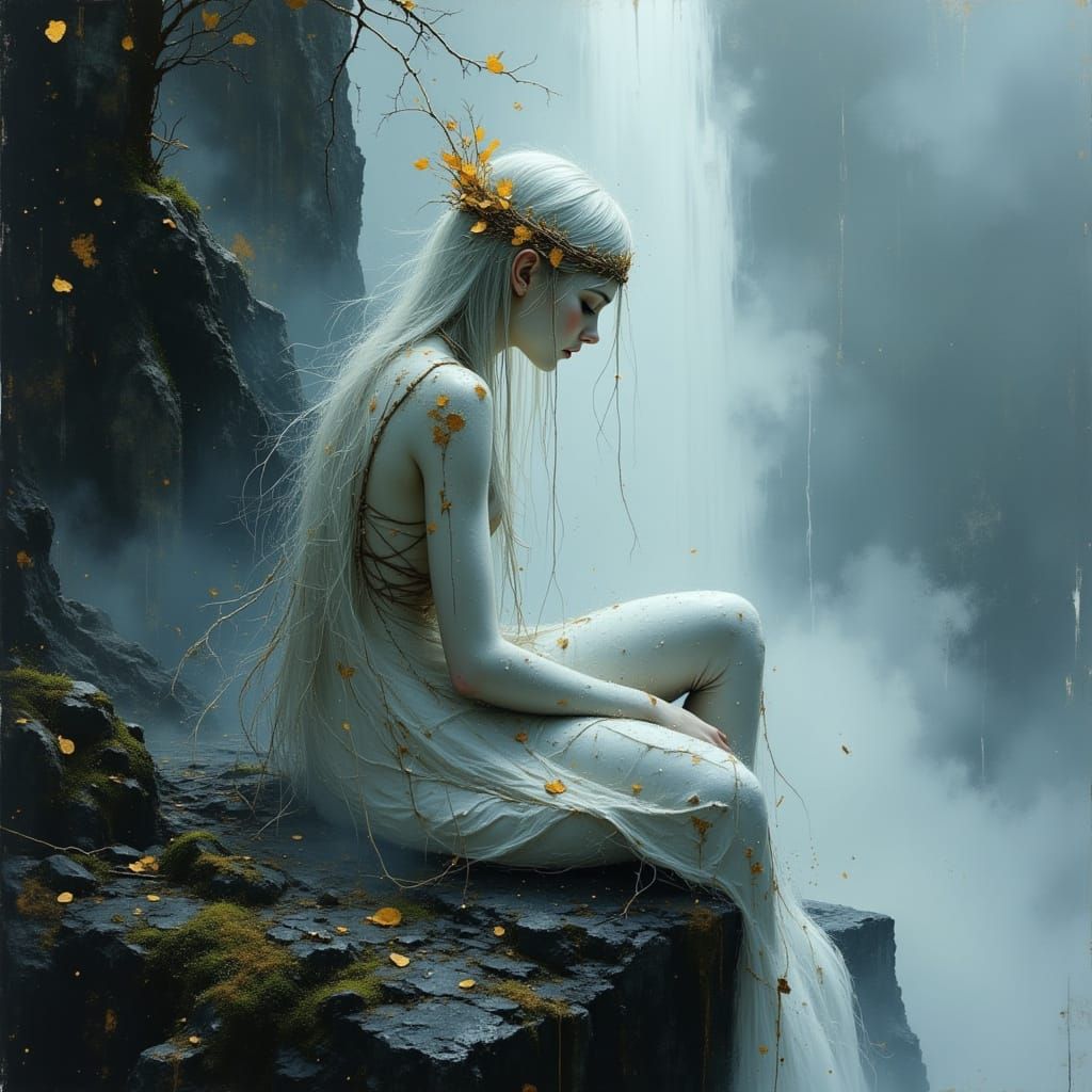 Ethereal Woman at Mystical Waterfall in Hyperrealism