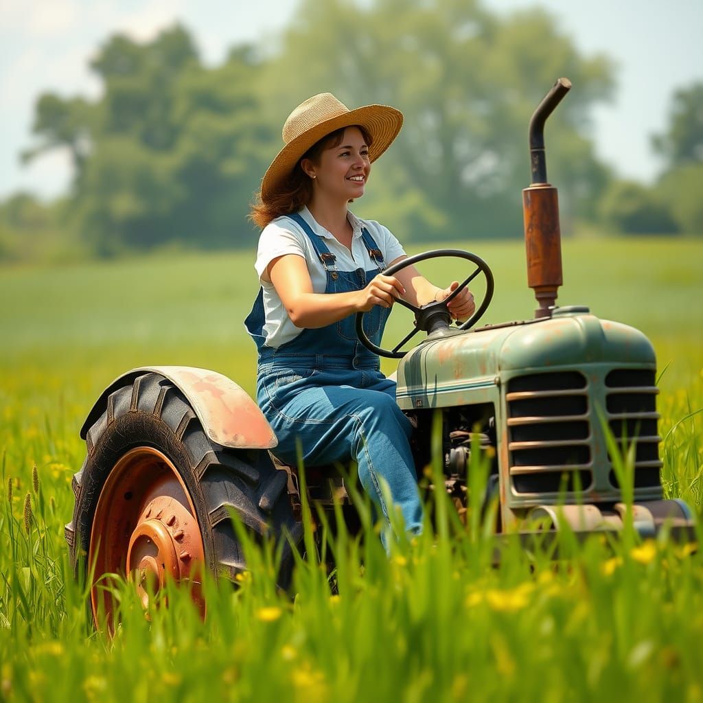 Woman Driving Vintage Tractor in Hidden Image Style