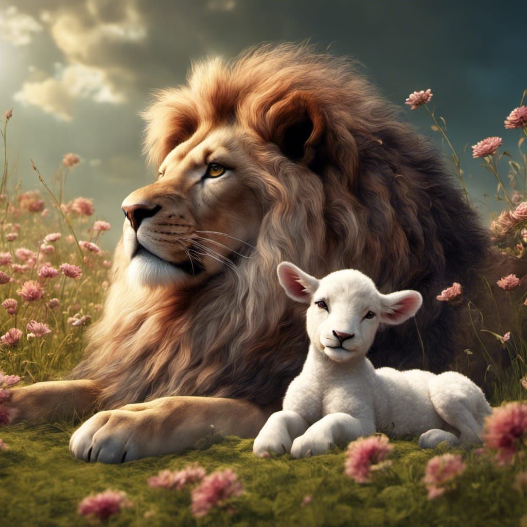 Lion and Lamb in Harmony: Fantasy Art