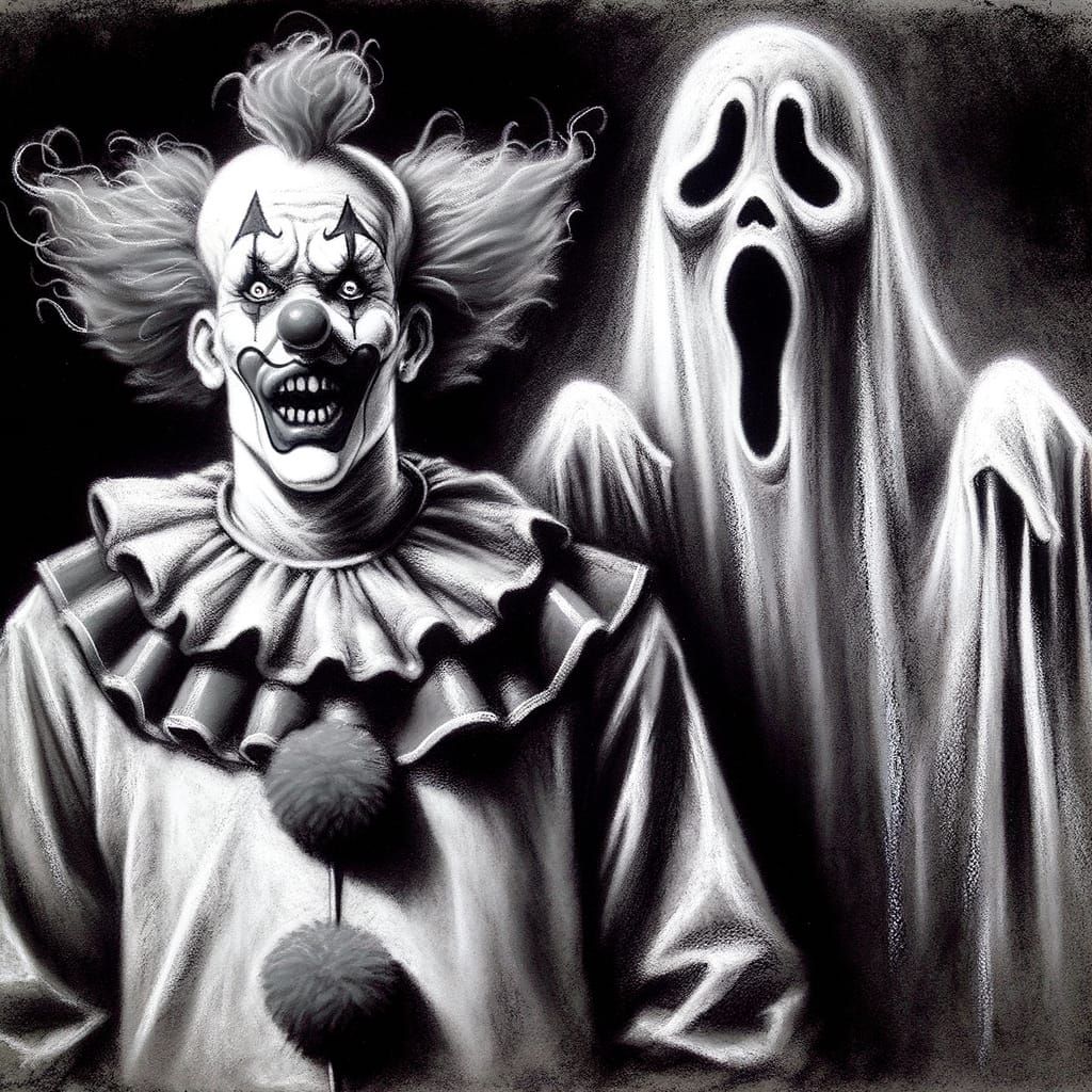 Horror Clown with Ghostly Apparition in Charcoal