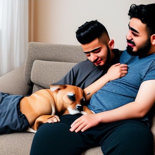 Men Cuddle with Dog on Sofa