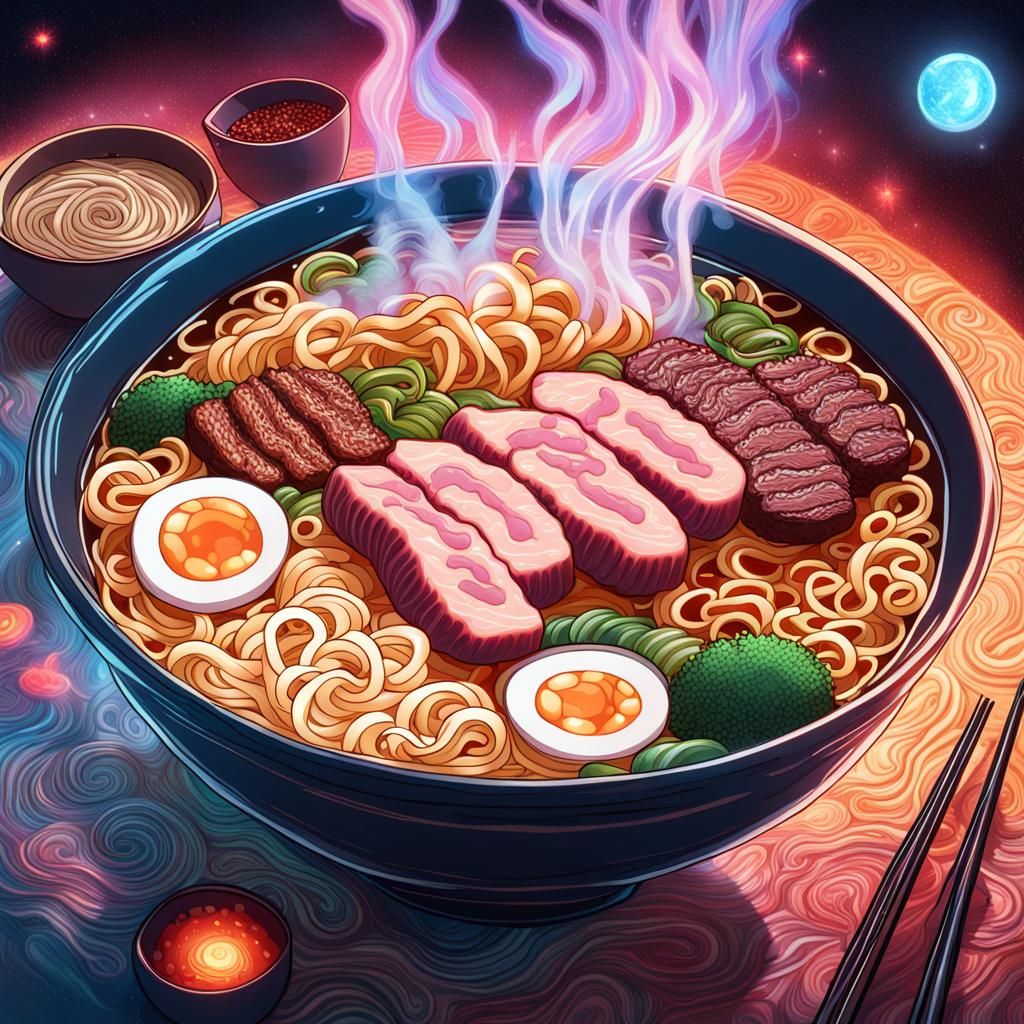 Ramen Bowl: Holographic Cosmic Illustration