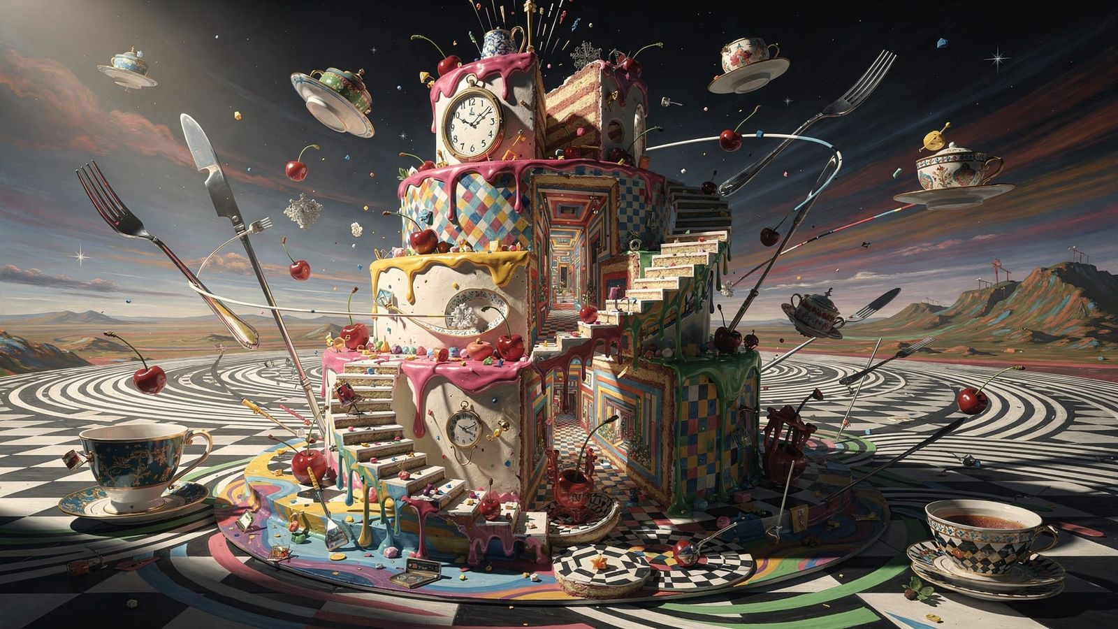 Surreal Mind-Blowing Cake in Escher Dali Style