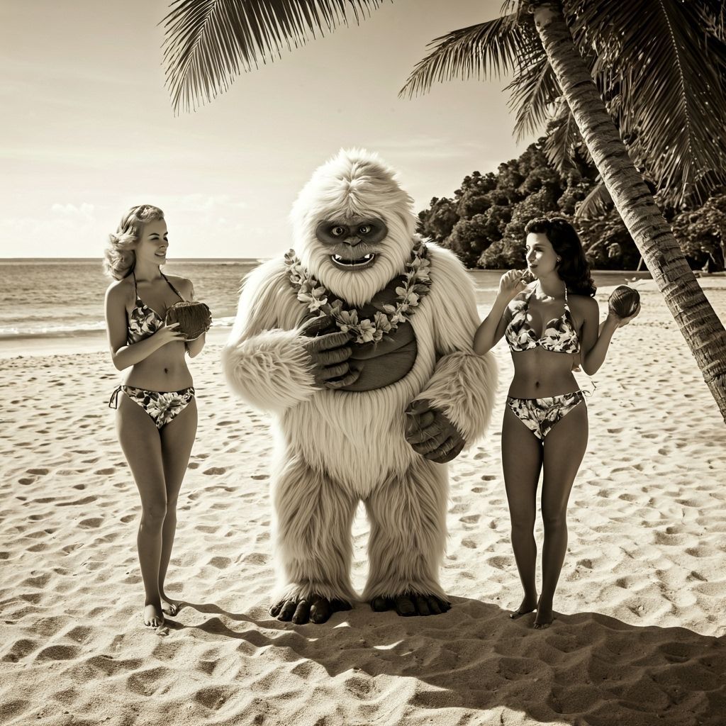 Yeti and Friends on Tropical Beach in 1950s Photo