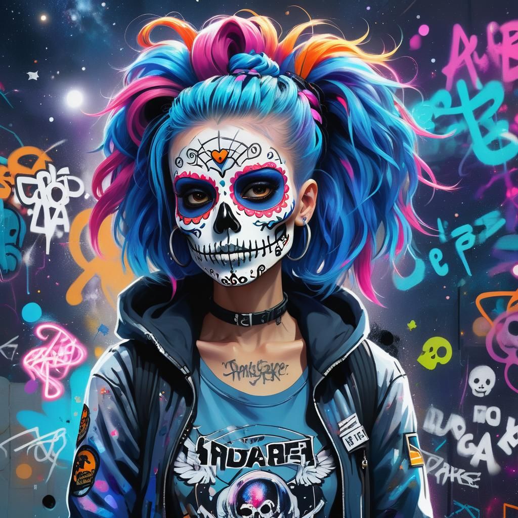 Cyberpunk Sugar Skull with Neon Graffiti