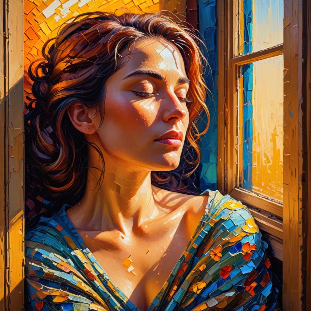 Woman Cocooned by Window in Neo-Impressionist Style