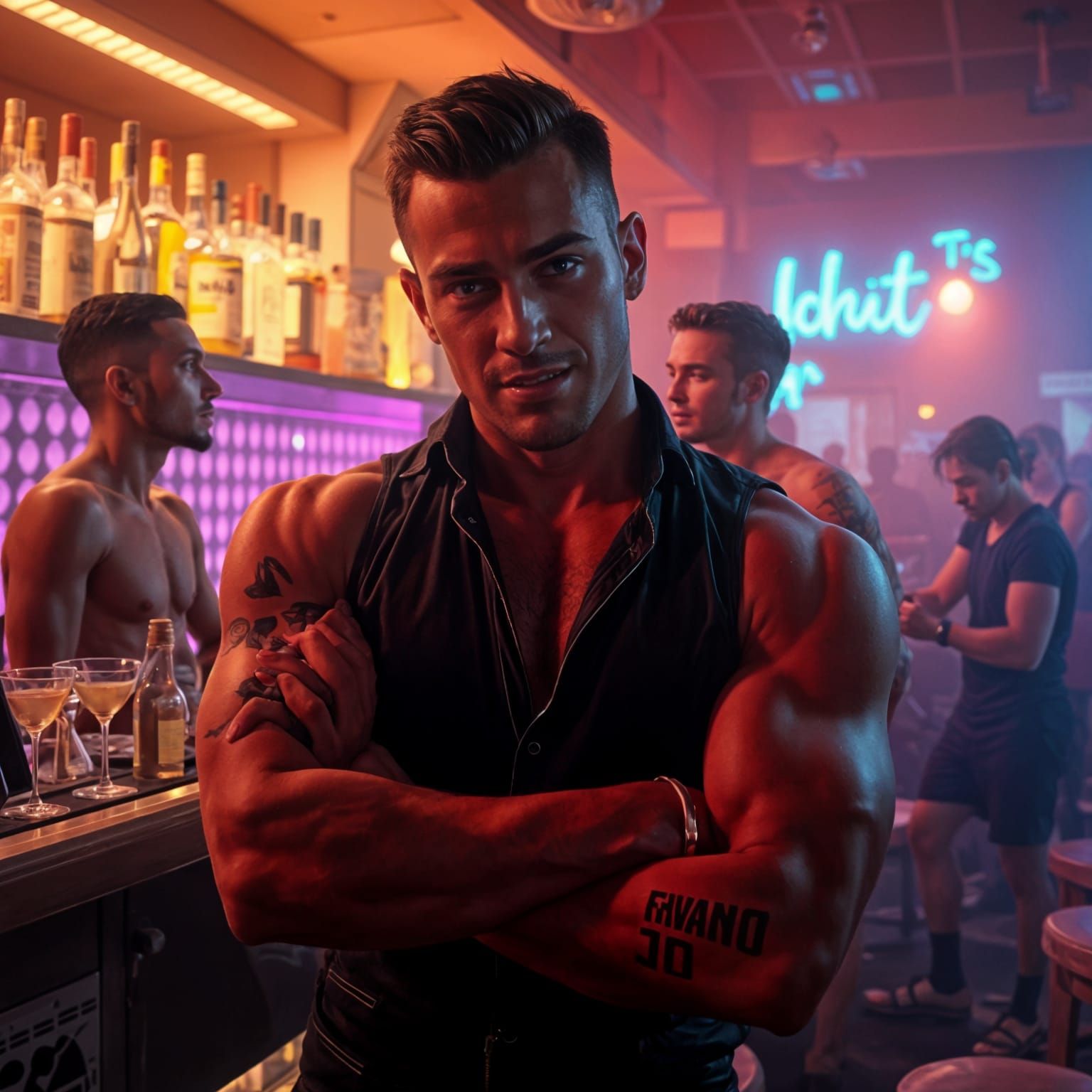 Toned Bartender Shines in Vibrant Gay Club