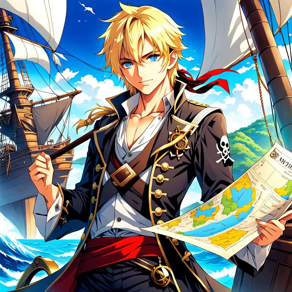 Handsome Pirate with Map in Anime Style
