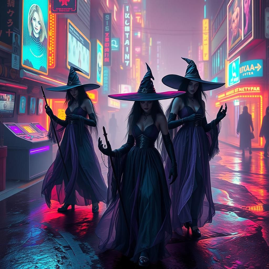 Cyberpunk Witches Conjuring Magic Runes