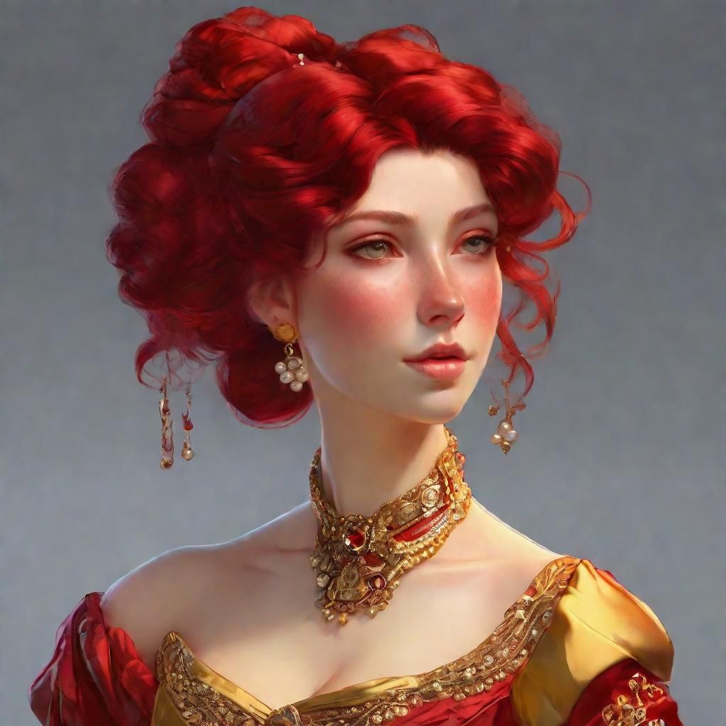 Anime Woman in Red Victorian Dress, Digital Art