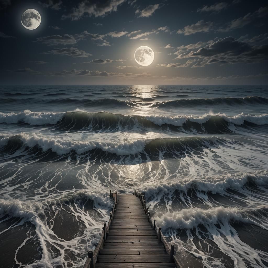 Surreal Eyeball Moon Over Ocean Path