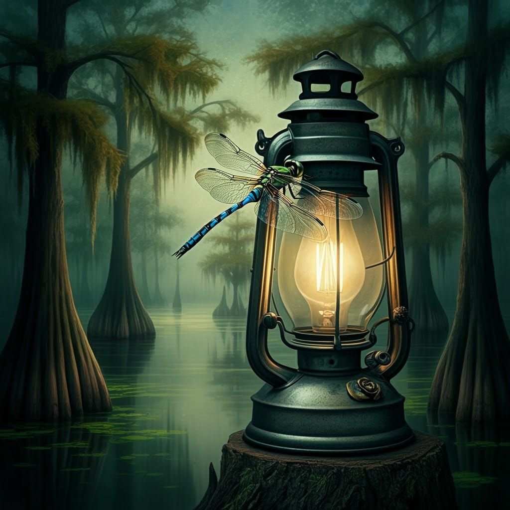 Dragonfly on Lamp in Mystical Swamp Scene