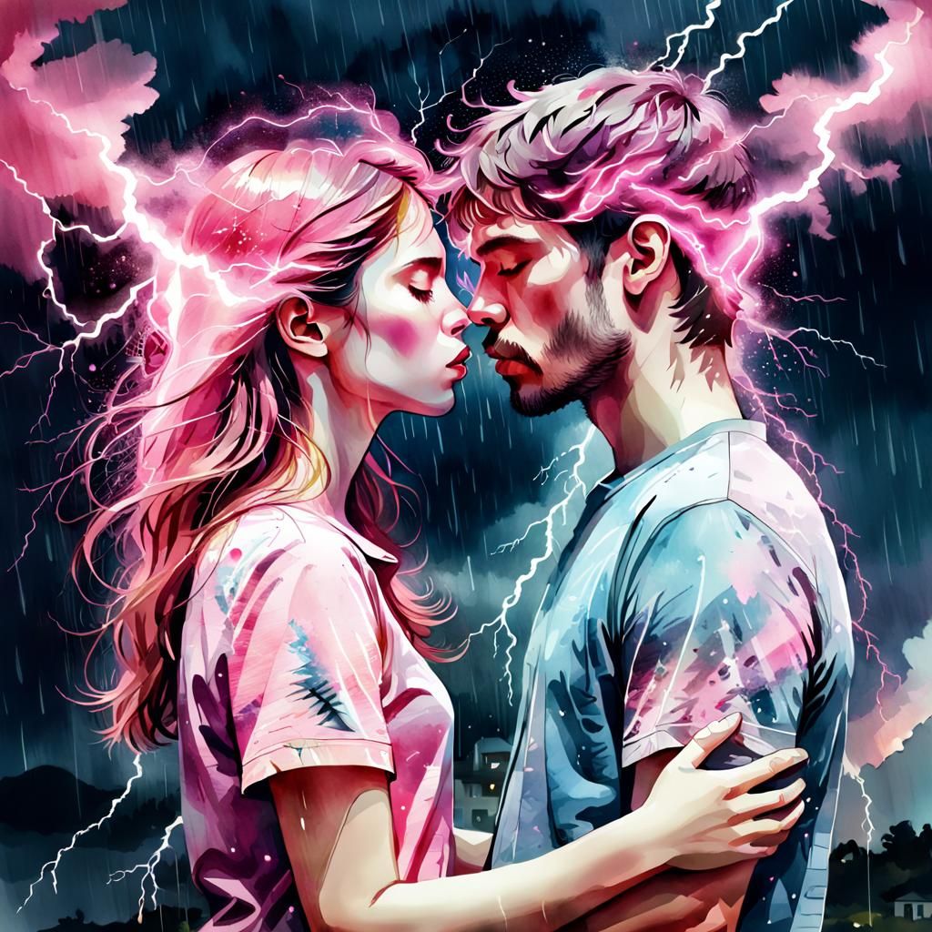 Couple Kissing in Pink Thunderstorm: Watercolor Illustration