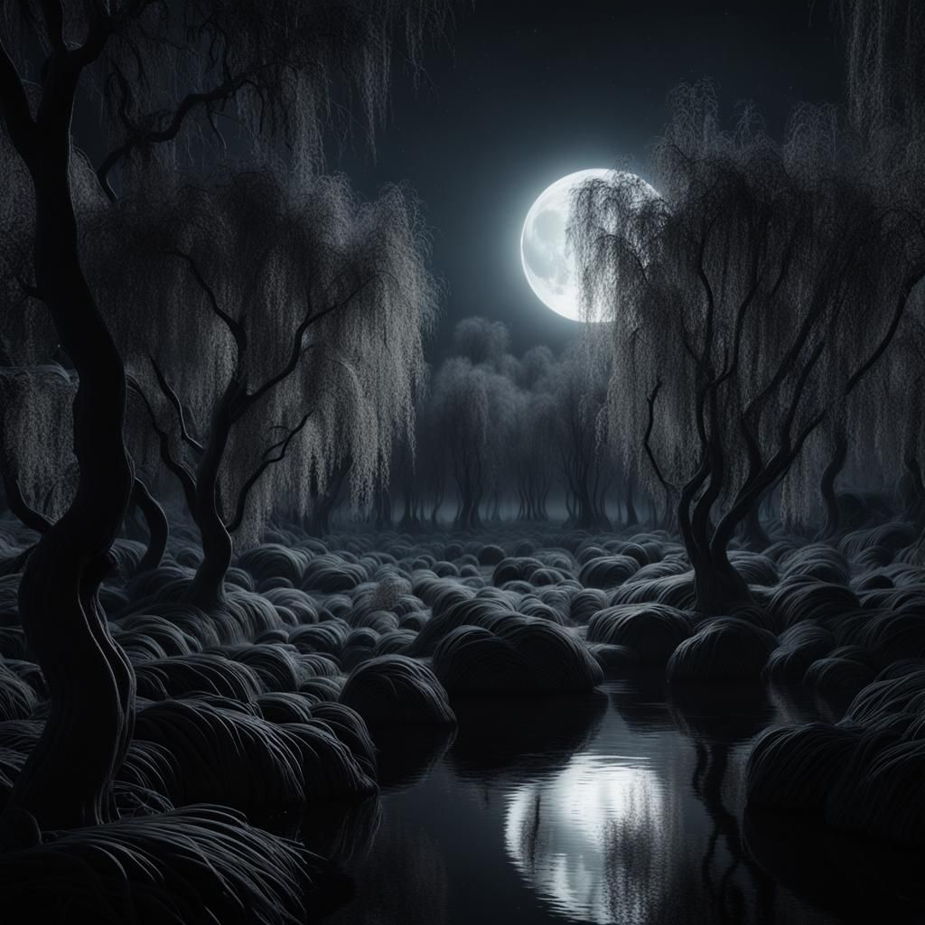 Vantablack Moonlight Illuminates Enchanting Willow Forest