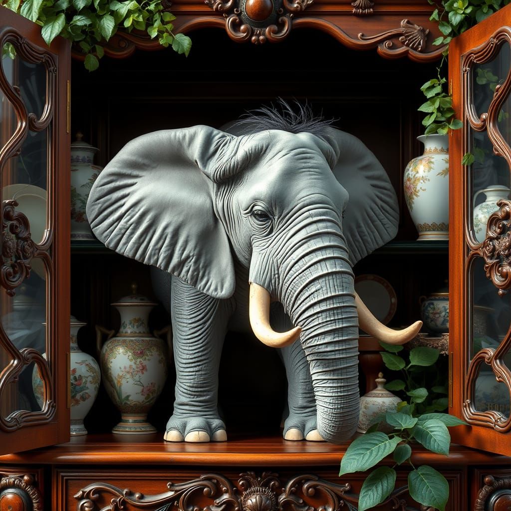 Surreal Elephant in an Ornate China Cabinet