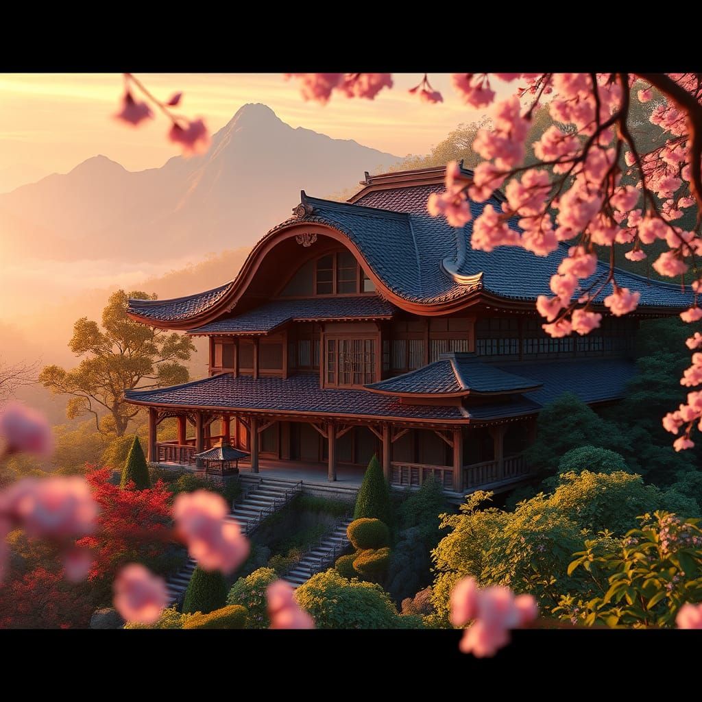 Dreamlike Japanese House Amidst Cherry Blossoms