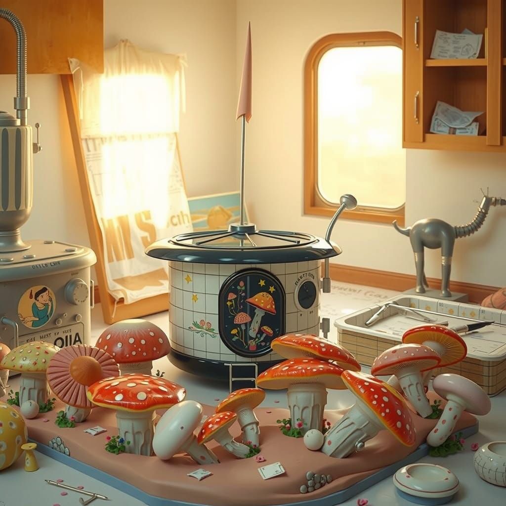 Whimsical Surrealist Sculpture of Mushroom Flags and Fantast...