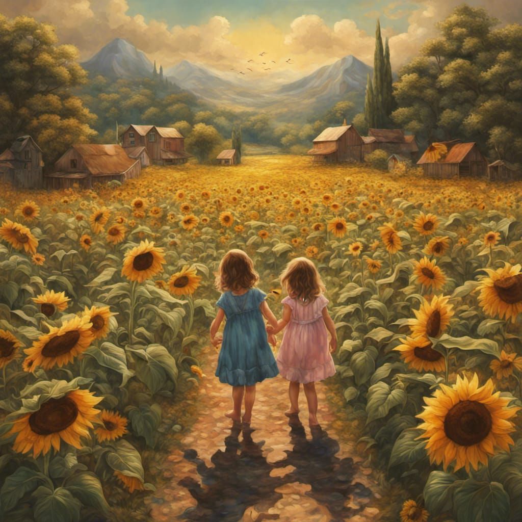 a heartwarming scene of two girl toddlers, holding hands and giggling as they explore a sunflower field together, surrou...