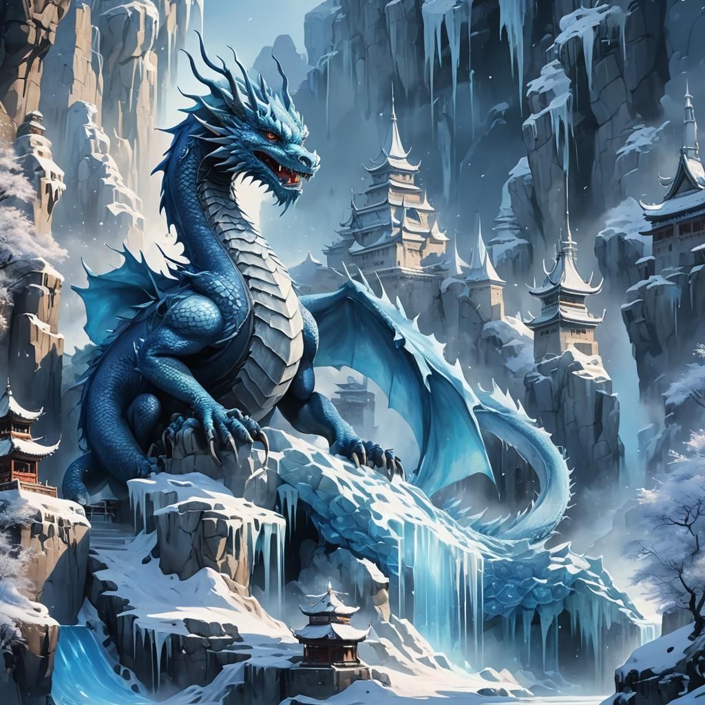 Blue Dragon and Ice Castle in Watercolor Style
