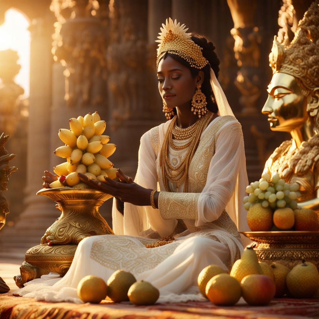 Priestess Offering Food to Golden Statue