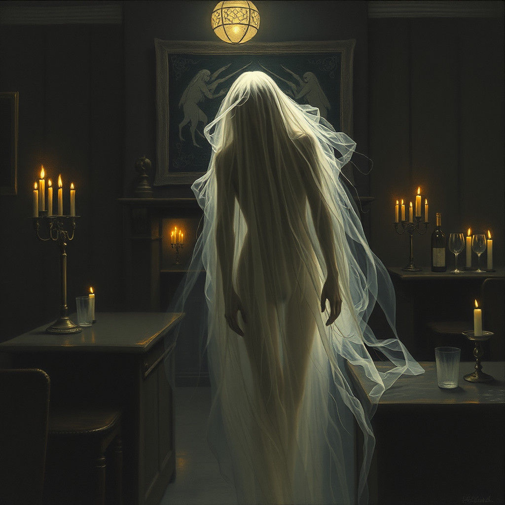 Ethereal Specter in Dim Bar, Haunting Engravings Style