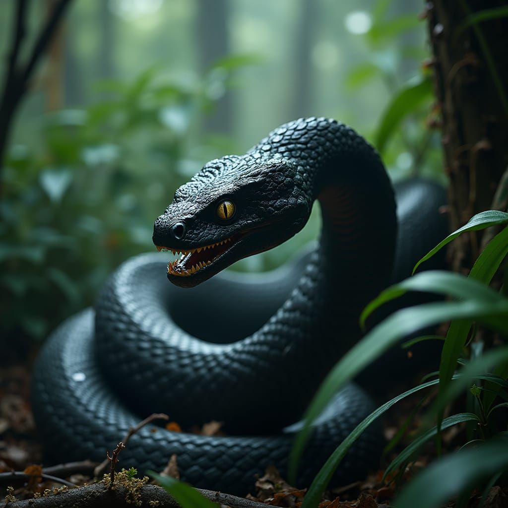 Majestic Black Serpent in Primeval Rainforest