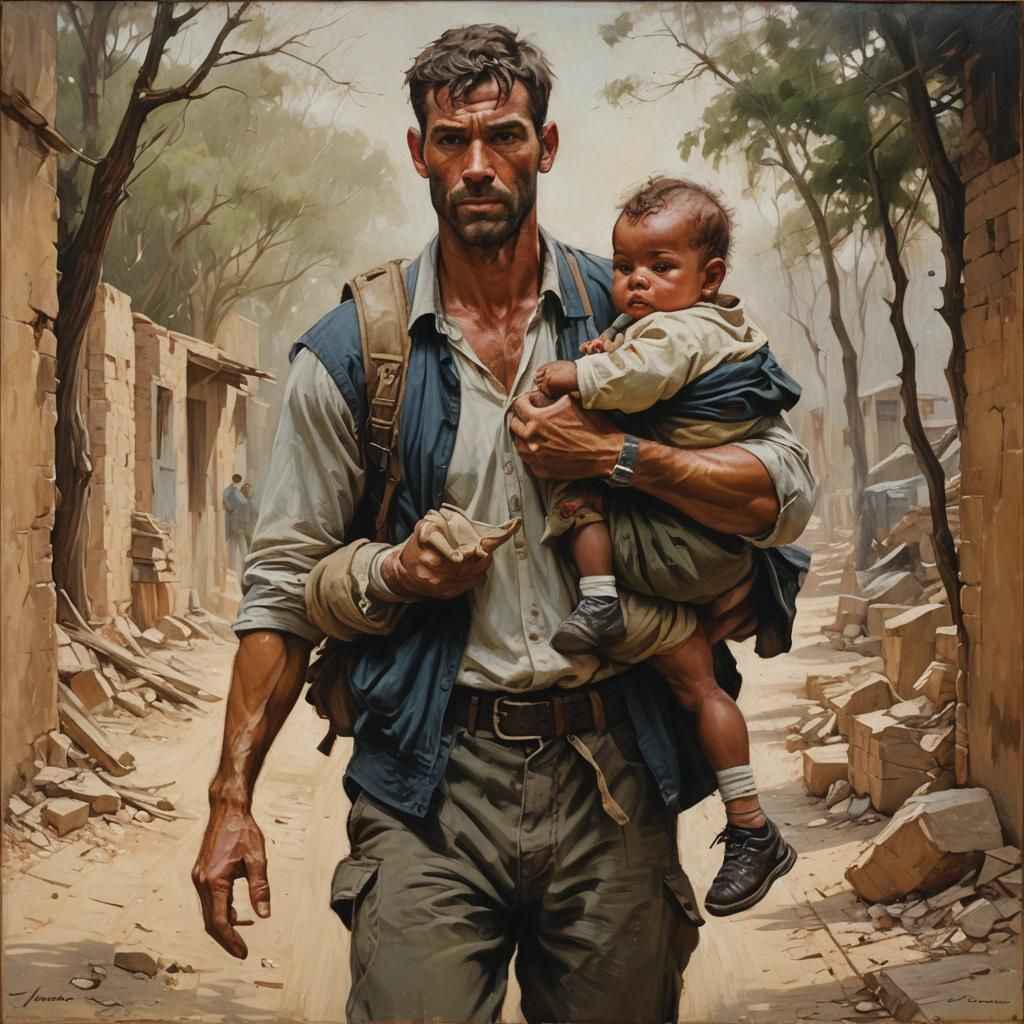 Strong Man Tenderly Holds Baby: Oil Painting