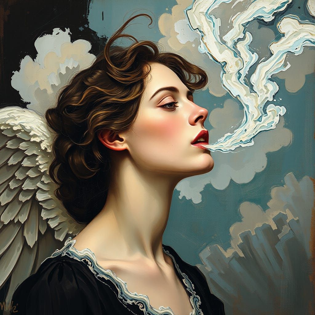 Angelic Woman Exhaling Air: Neo-Impressionist Oil Painting