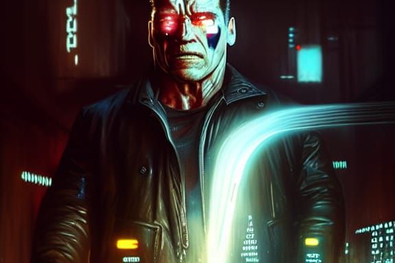 Schwarzenegger Terminator in Cyberpunk Cityscape