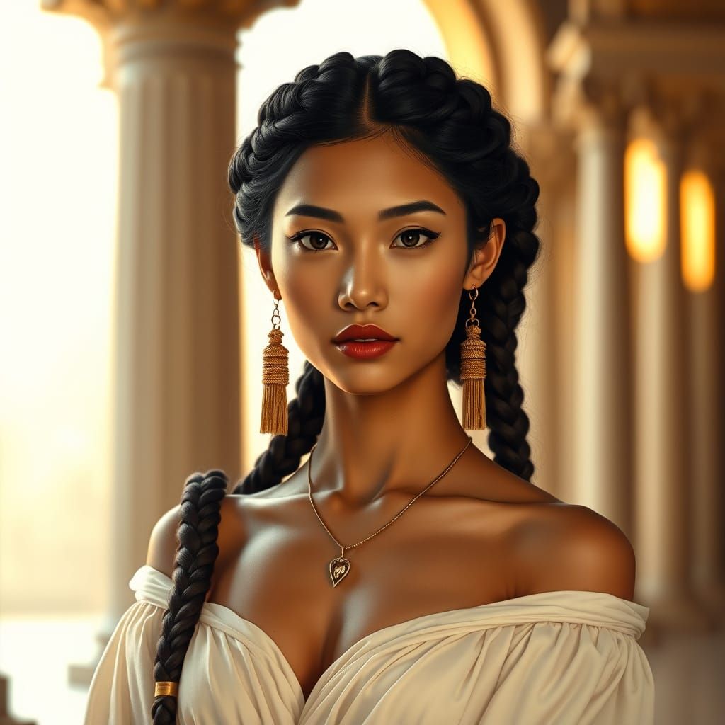 Elegant Filipina Goddess in Ancient Mediterranean Splendor