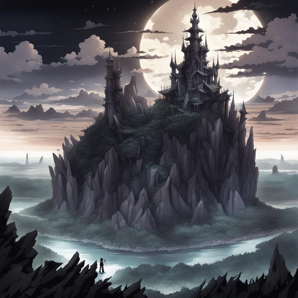 Floating Black Crystal Palace in Dark Anime Style