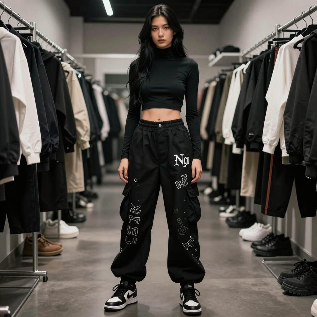 Fashion Model in Black Outfit with Designed Pants