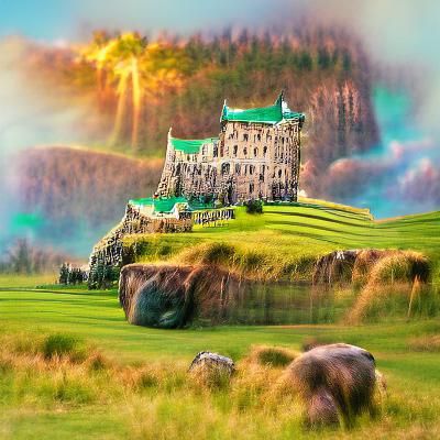 Scottish Castle Amidst Emerald Hills, Kinkade Style